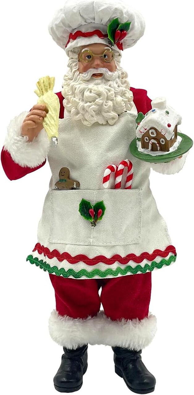 11-Inch Cooking Chef Santa with Gingerbread House,Resin Statue Santa Figurine Christmas Decoration Ornament Xmas Gift
